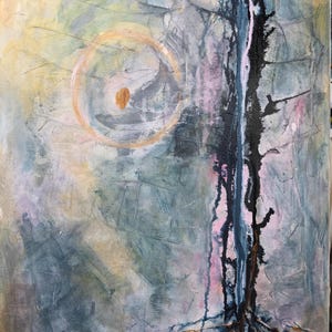 May include: Abstract painting with a textured surface. The artwork features a central black vertical element with root-like structures at the bottom. A light orange spiral and dot are in the upper left corner. The background has muted tones of blue, green, and pink.