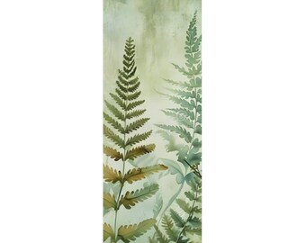 May include: A rectangular yoga mat featuring a watercolor painting of ferns in shades of green and brown. The ferns are depicted with intricate detail against a soft, muted green background, creating a serene and natural aesthetic.