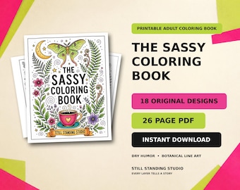 Libro para colorear para adultos con dibujos sarcásticos, PDF de 26 páginas con 18 diseños divertidos, descarga instantánea.