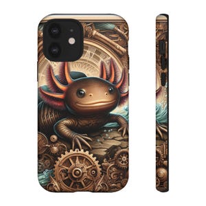 May include: A phone case featuring a brown axolotl with pink gills and a steampunk-inspired background of gears and a clock. The case has a black camera cutout and a matching design on the side.