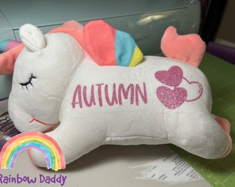 Personalized White Unicorn Plush with Hearts and special occasion gift