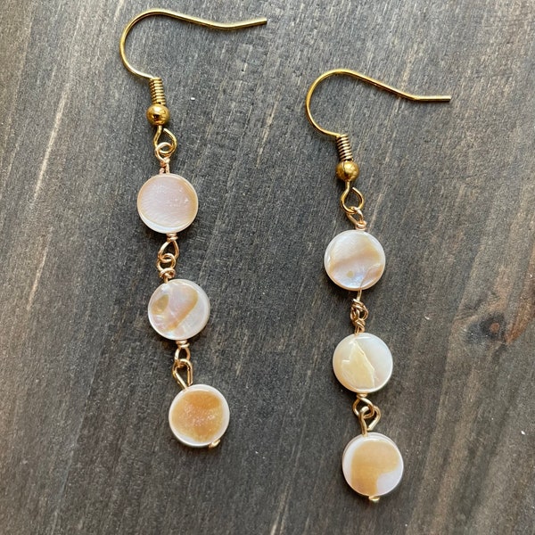 Wire Wrapped Shell Bead Dangle Earrings | 18k Gold Plated Earring Hooks | Handmade Natural Stone Jewelry | Shell Dangle Earrings