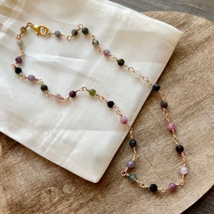 Delicate Faceted Tourmaline Choker Necklace | Handmade Wire Wrapped Chain | 4mm Beads | Adjustable | 15 Inch Natural Stone Choker Necklace
