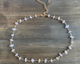 Blue Lace Agate Chip Choker Necklace | Handmade Gemstone Jewelry | Handmade Wire Wrapped Chain | 14-17 Inches | 3 Inch Adjustable Chain