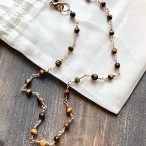 Delicate 4mm Tiger’s Eye Choker Necklace | 15 Inches | Handmade Wire Wrapped Chain | Natural Stone Jewelry | Crystal Necklace