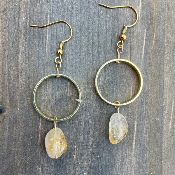 Natural Citrine Gold Hoop Dangle Earrings | 18k Gold Plated Earring Hooks | Handmade Natural Stone Jewelry | Raw Orange Citrine Earrings