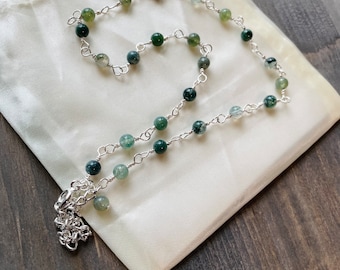 Delicate Moss Agate Choker Necklace | 4mm Moss Agate Beads | 14-17 Inches | Adjustable Chain |Silver Plated Wire |Handmade Gemstone Necklace