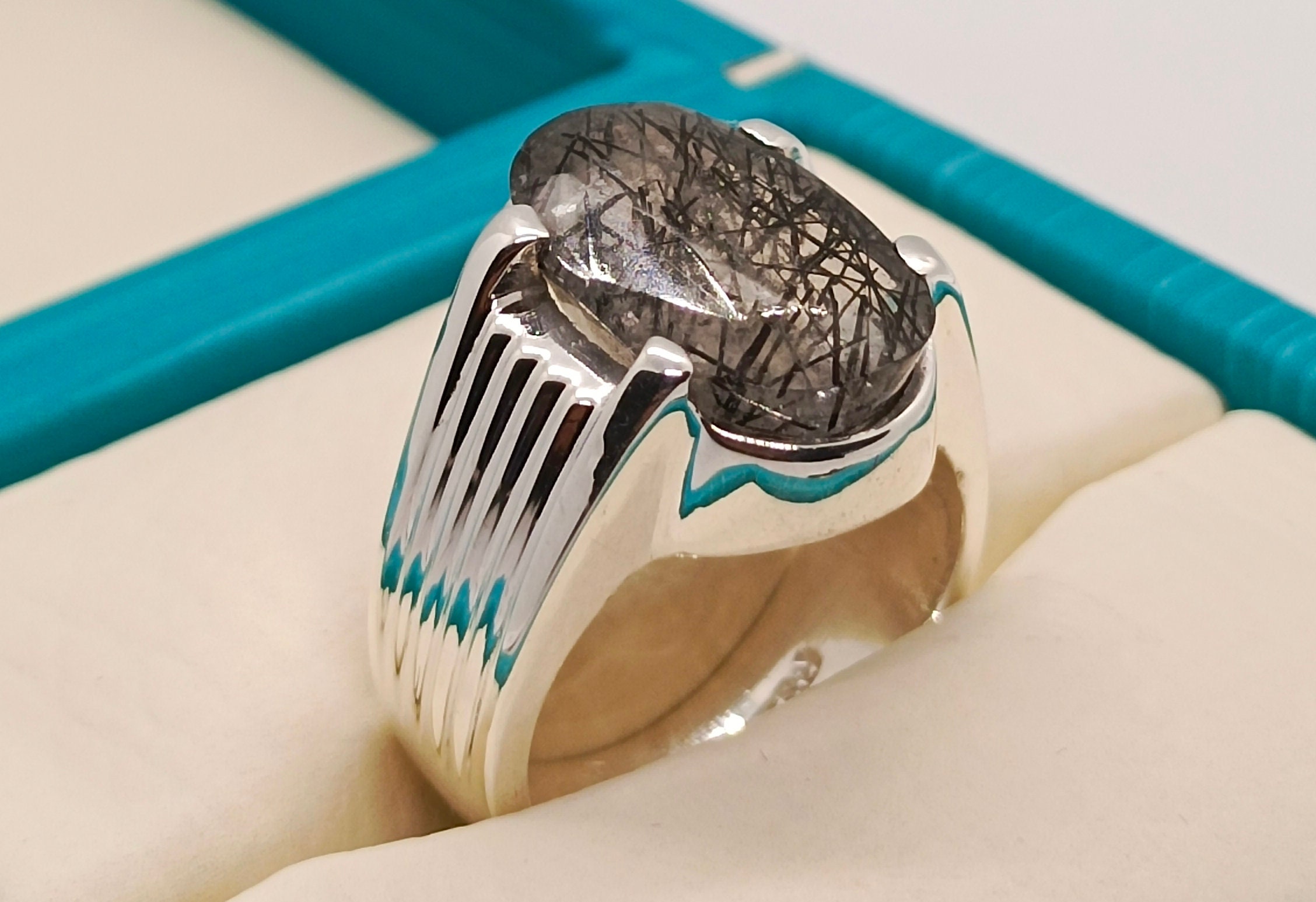 Cuarzo rutilado natural para hombre plata de ley 925 anillo hecho a mano anillo real Muh e Najaf diseno elegante cuarzo piedra lunar anillo Dur e Najaf Etsy Espana