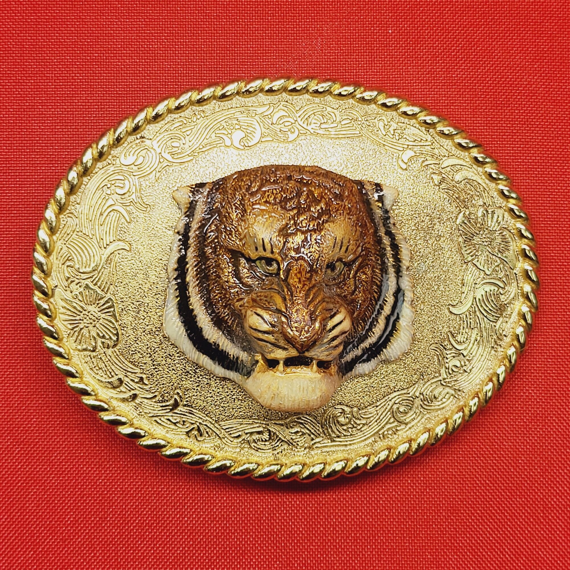 Vintage Raintree 1978 Bengal Tiger 3D Belt Buckle Brass Gold 
