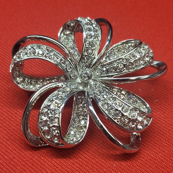 Monet  Silver Tone Clear Rhinestone Bow Flower Br… - image 3