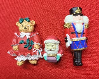 Christmas Pin/ Brooches Set of 3 Christmas Santa Claus, Drummer &  Bear Pins