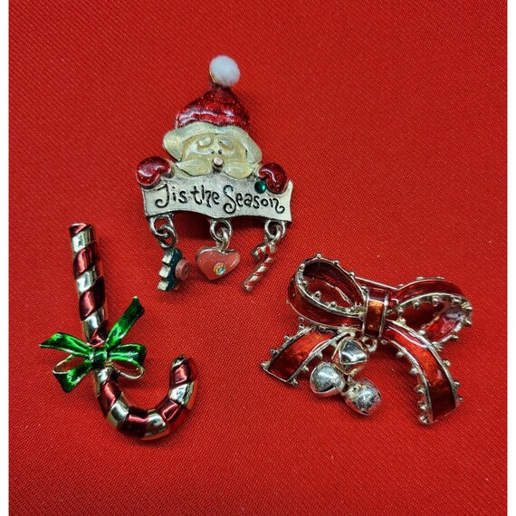 Set di spille natalizie: Babbo Natale, bastoncino di zucchero, nastro rosso - Set di 3 - Italia