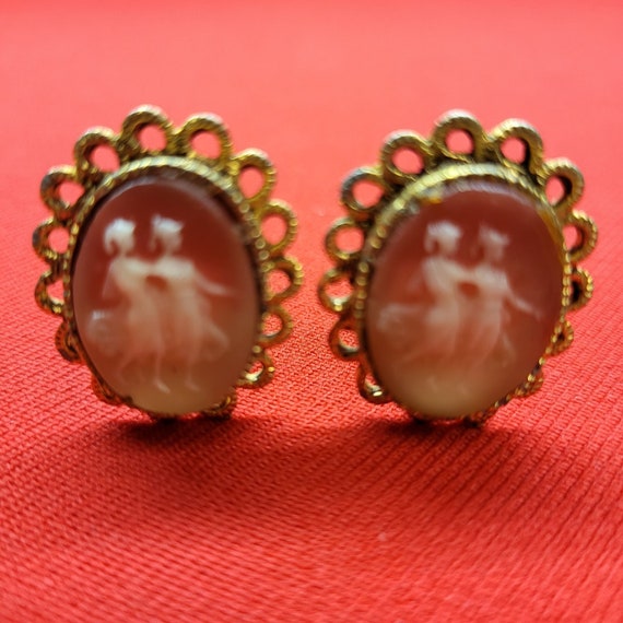 Vintage Textured Faux Cameo Clip Earrings - image 2