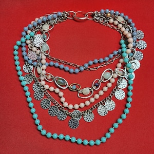 Layered Multi Strand Pastel Bead Silvertone Necklace