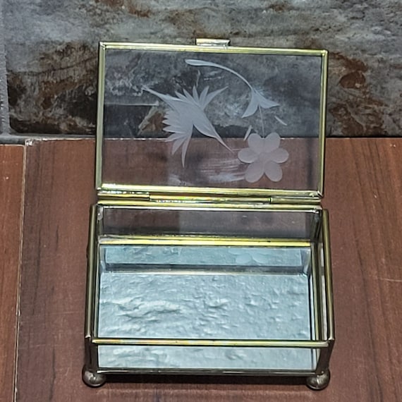 Vintage Trinket Box Hinged Lid Etched Bird Flower… - image 10