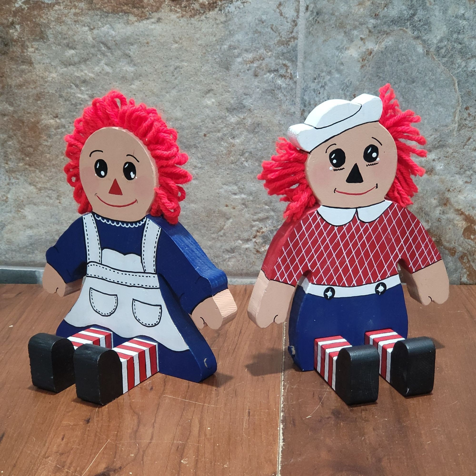 Vintage Wooden Raggedy Ann and Andy Wooden Shelf Sitters Decor