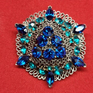 Vintage Silver Tone With Blue And Green Rhinestone Brooch Pin Pendant