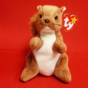 May include: A brown and white plush squirrel toy with a red and yellow Ty Beanie Baby tag. The squirrel is sitting on a red background.
