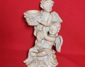 Vintage Cherubs Figurine Decor Chalk Ware Angel Candleholder