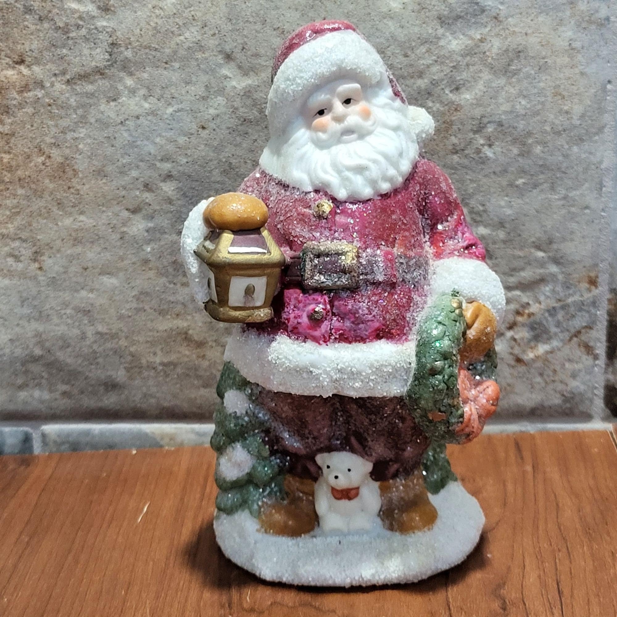 アンティークサンタクロース Vintage Ceramic Santa Claus Holding Wreath and Lantern Glittered