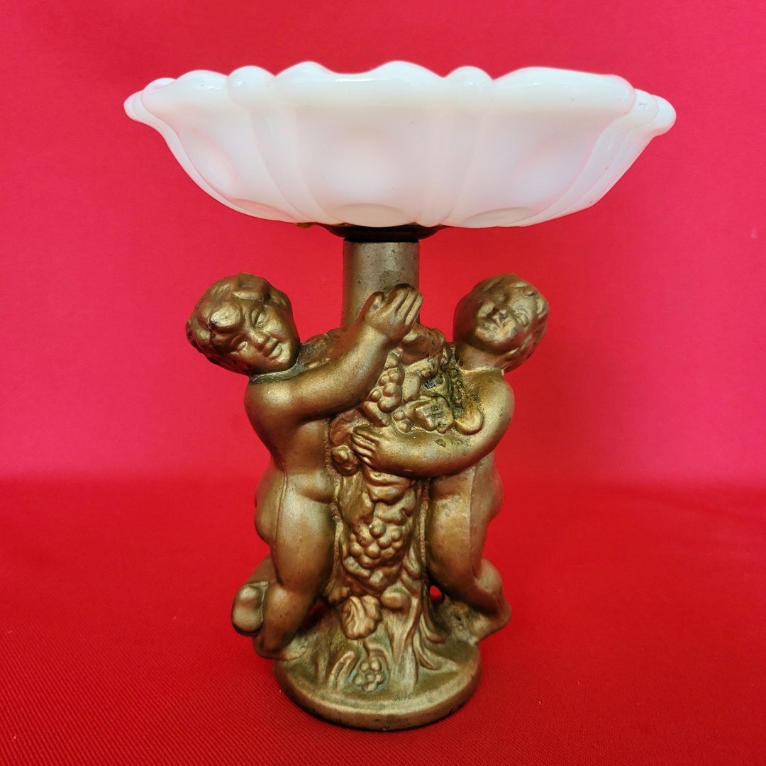 Vintage Milk Glass Vanity Dish With Ceramic Cherub Base Trinket Jewelry