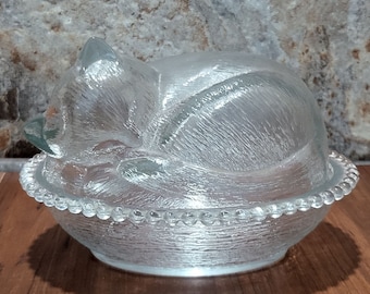 VTG Clear Glass Sleeping Cat Covered Trinket Oval Candy Beaded Dish Translucent Collectible