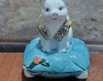 Vintage Schmid Ceramic Pig Musical Box 1987 Pig Seated Blue Pillow