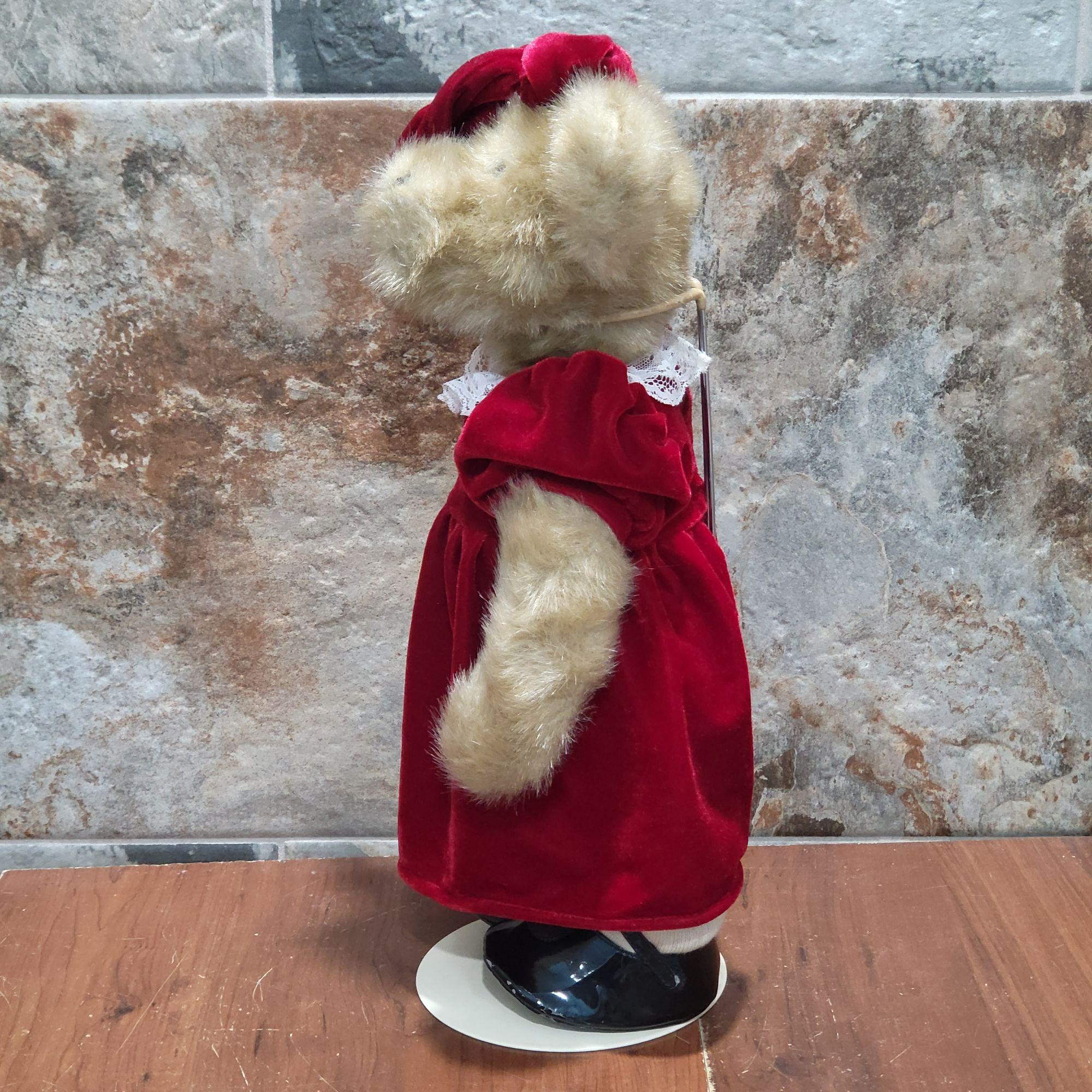 Hallmark Tan Christmas Teddy Bear Red Velvet Dress Bow Black Shoes