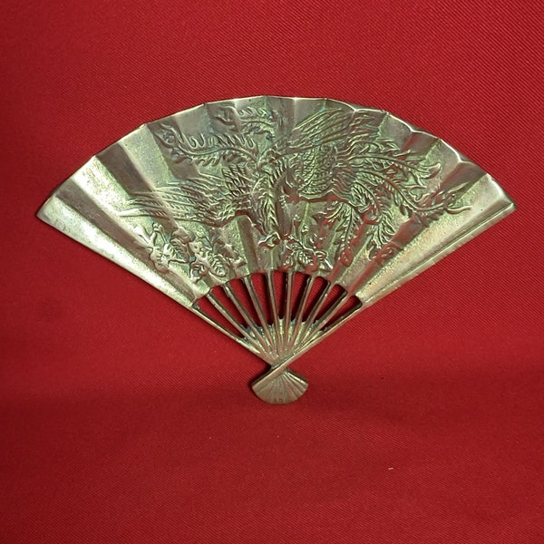 VTG Solid Brass Phoenix Decorative Chinese Hand Fan Metal Bronze Wall Decor