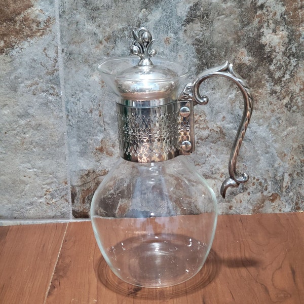 Vintage Silver Plated Glass Pitcher with Lid Handled