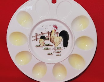 Plato decorativo vintage para servir huevos rellenos, diseño de gallina y gallo, decoración de cocina de estilo rústico