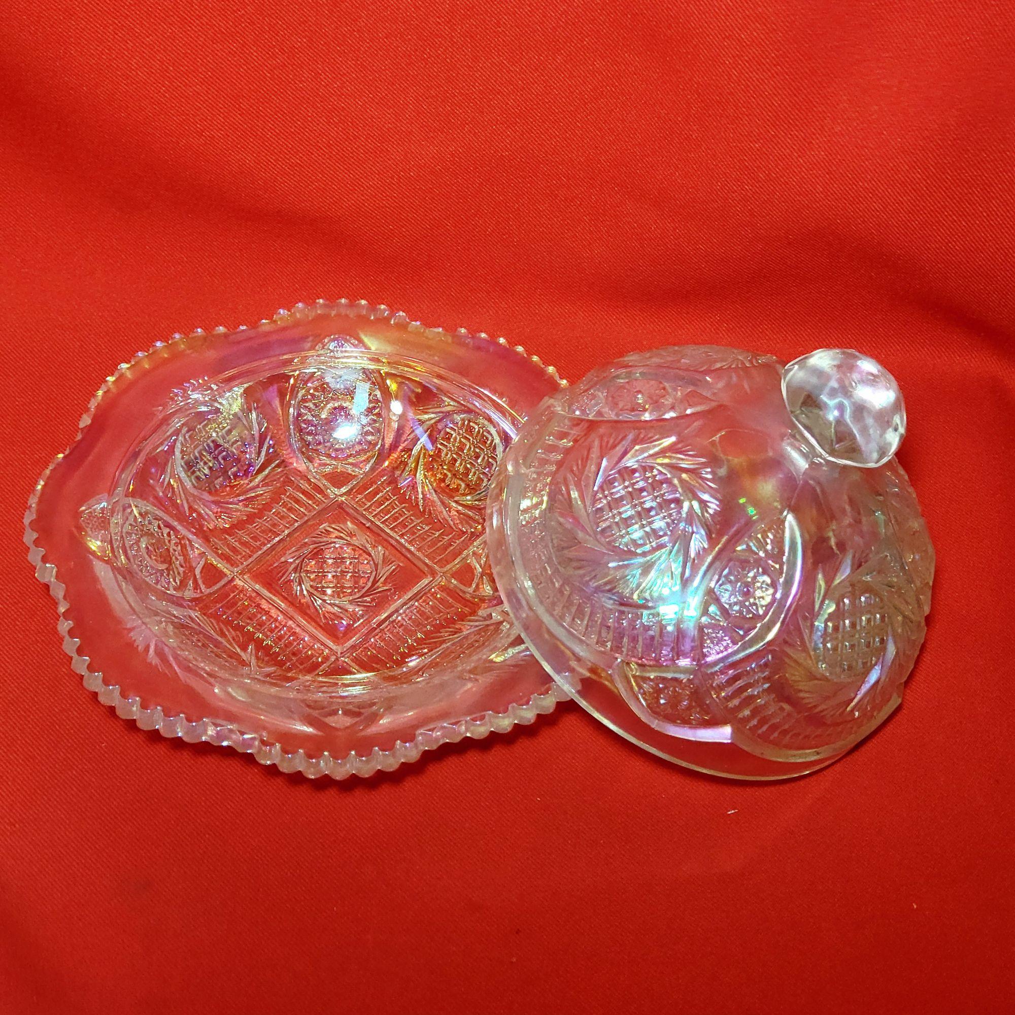Carnival Glass Dome Butter Dish Aztec Sunburst Pinwheel Hobstar Pattern ...
