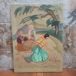 Vintage Wall Hanging Embroidery Applique Painted Textile Folk Art Panel Framed