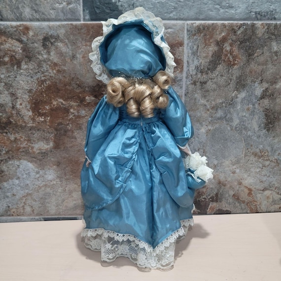 Vintage Porcelain Doll Green Eyes Blue Satin Dress White Lace Trim