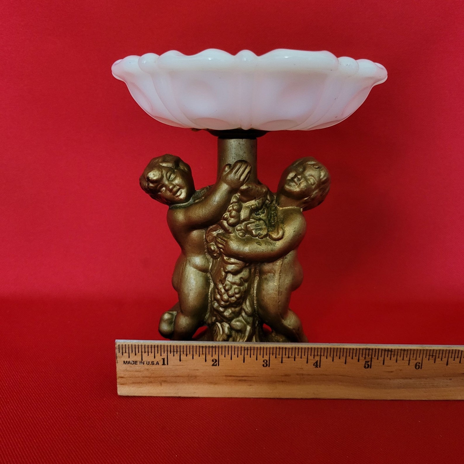 Vintage Milk Glass Vanity Dish With Ceramic Cherub Base Trinket Jewelry