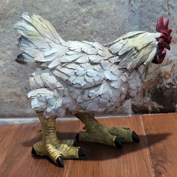 White Resin Chicken Rooster Hen Figurine Farm Decor