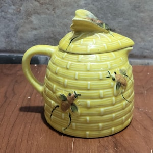 Vintage bijenkorf honingkan deksel handvat keramische bijen