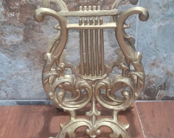 Vintage Gold Metal Lyre Harp Magazine Album Holder Rack Stand Hollywood Regency