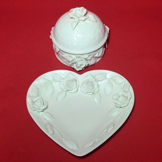 VTG Godinger Porcelain White Rose Dish & Trinket … - image 1