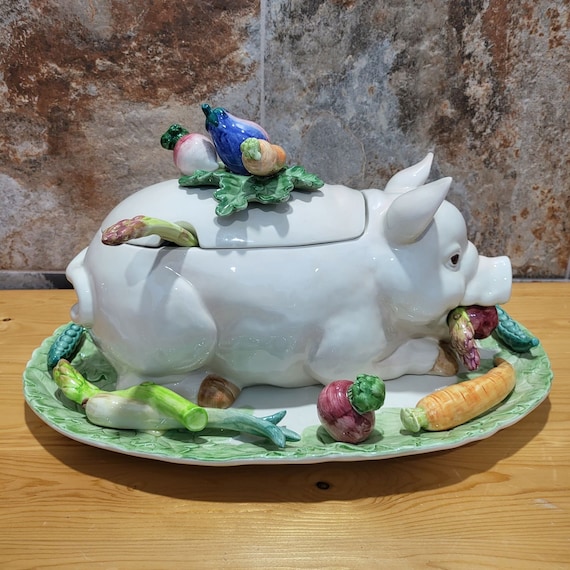 VTG Fitz & Floyd Pig Tureen Large Soup Bowl Lid Ladle Under Plate