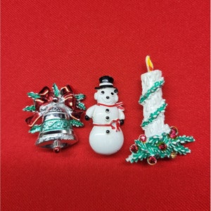 Christmas Brooch Pin Set: Candle, Snowman & Bell - Gold Tone