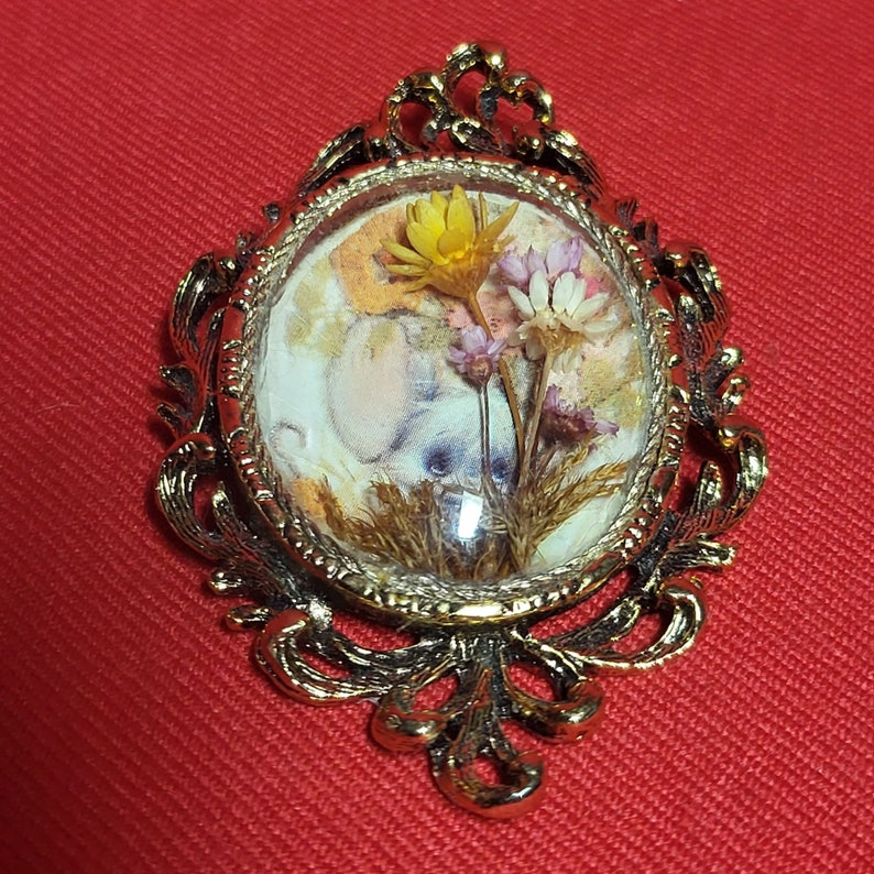 Pendentif Vintage Or Avec Fleur Séchée - Pièce Unique Originale - Occasion