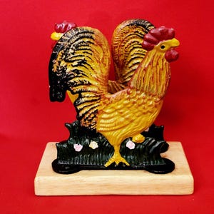 Par de gallos de hierro fundido vintage, portacartas, servilletero, tope de puerta