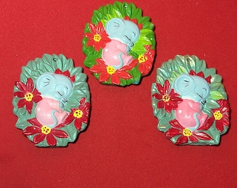 VTG Ceramic Bisque Sleeping Mouse Christmas Ornament Set of 3