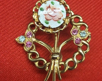 Broche Ronde émaillée Rose Vintage - Très Bon état - Occasion