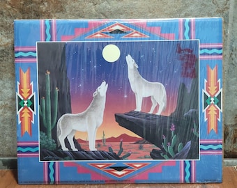 Vintage Unframed Wolf Dreams Art Print 1994 Southwestern Geometric Border