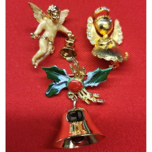 Christmas Pins Brooches Holly Berry Bell Guardian Angel Rhinestone Halo Angel Set of 3