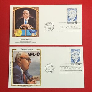 以下が含まれることがあります： AFL-CIOの創設者であるジョージ・ミーニーを特集した2つの初日発行封筒。1つの封筒には肖像画とメダル、もう1つには葉巻を持った横顔が描かれています。どちらにも、ミーニーの肖像画と「Labor Leader 29」という文字が入った切手が貼られています。