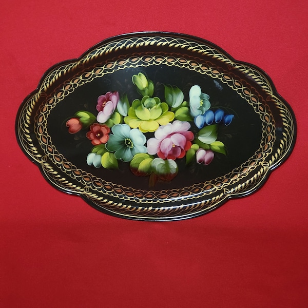 Vintage Zhostovo Floral Hand Painted Black Metal Tray