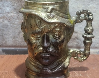 Vintage Solid Brass Toby Mug Stein Character Hat Handle Distressed Patina